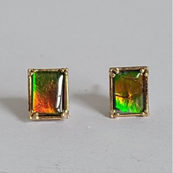 Gems En Vogue Palladium Silver Gold Plate Ammolite Gemstone Square Stud Earrings - Picture 1 of 14